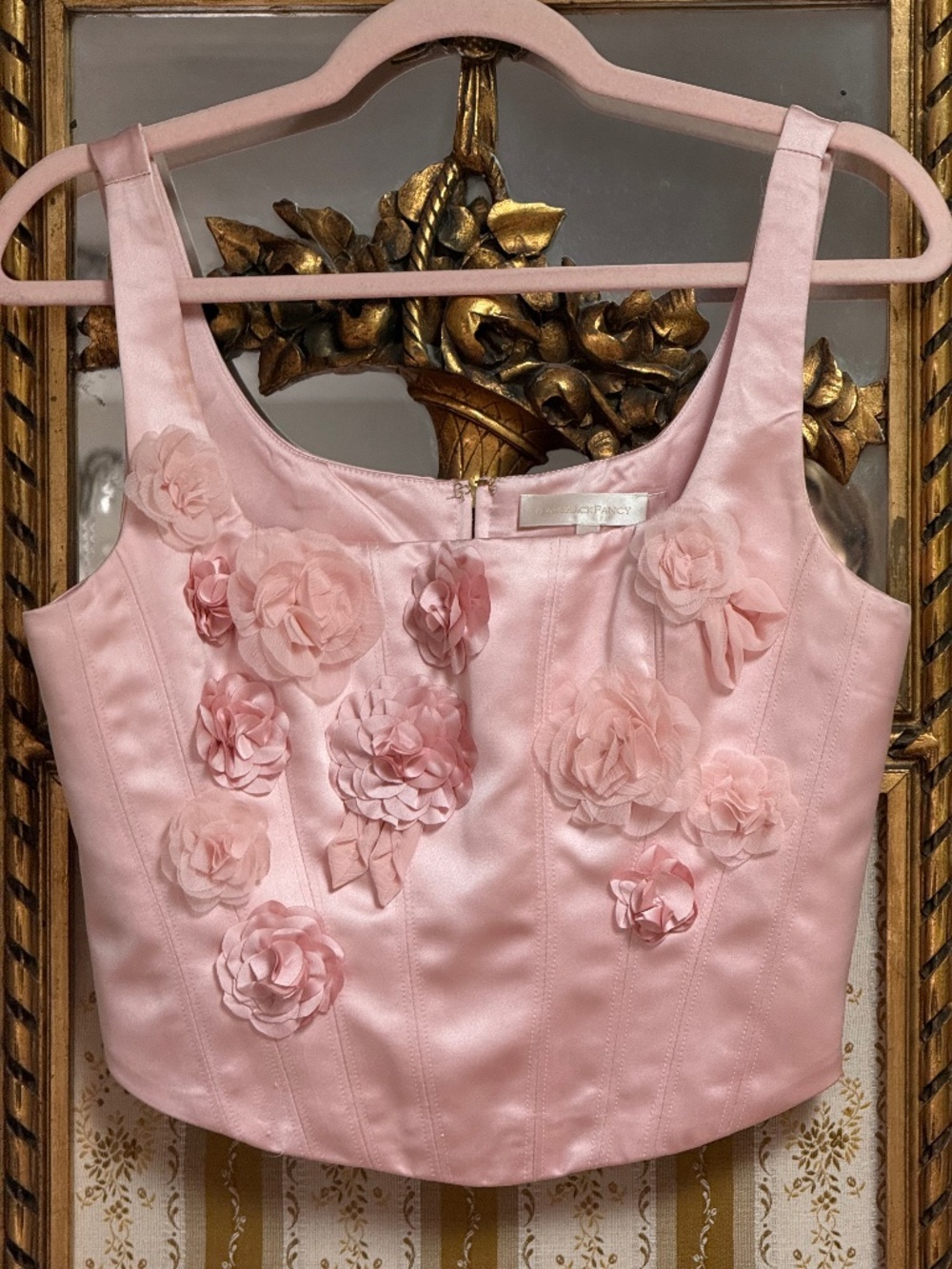 LoveShackFancy Lorelai Bustier Corset Rose Champagne Pink Appliqué Flowers 6